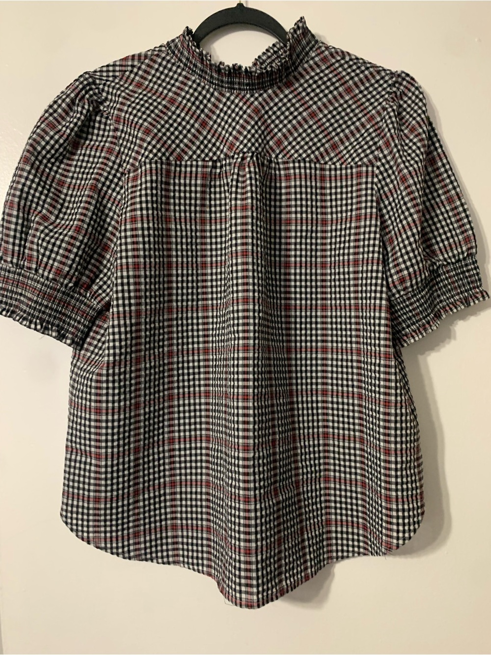 LOFT Plaid Puff-Sleeve Ruffle-Neck Blouse in Black, White & Red